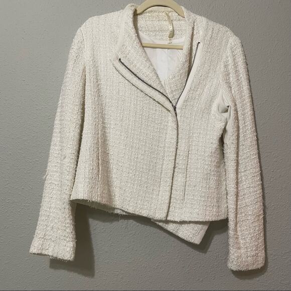 Truth & Pride Cream Tweed Moto Zip Blazer Jacket With Metallic Thread Womens M - Picture 2 of 10